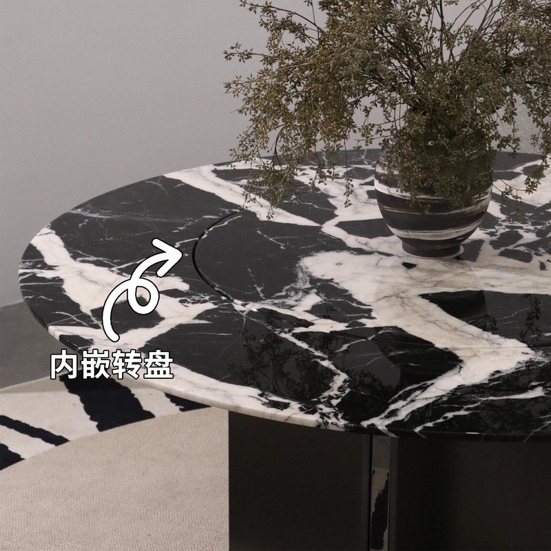 Napoleon Black Modern Minimalist Natural Marble Large Flat-Top Dining Table Black Inlaid Marble Dining Table 1.3m