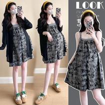 Pregnant woman petite niche suspenders wide-leg pants smudge-dyed slimming three-piece jumpsuit fashionable and western style