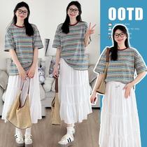 2024 summer retro Hong Kong style contrasting flower striped T-shirt white cake skirt maternity suit casual spring and summer