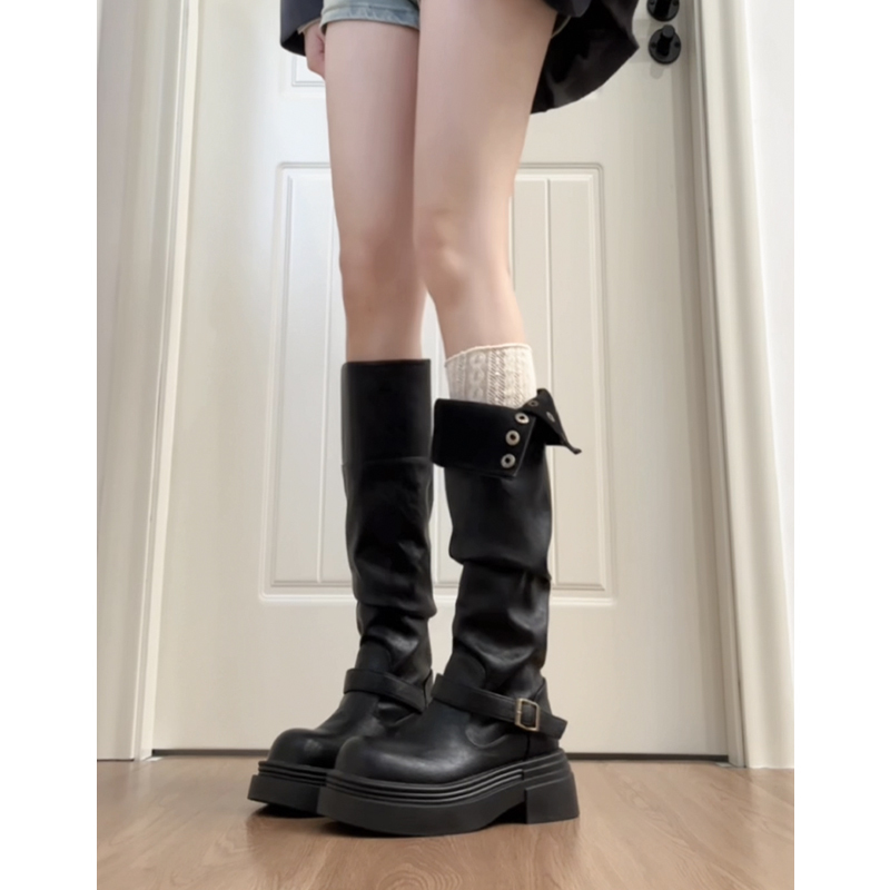 Sheepskin Version ~ Genuine Leather Thick-Soled British Style Boots for Women, Autumn and Winter Fleece-Lined High Boots, Slouch Boots, Riding Boots, Long Boots