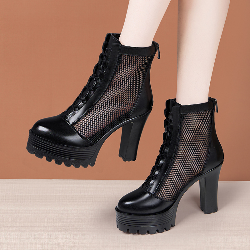 Chunky Heel High Heel Genuine Leather Breathable Martin Boots for Women 2026 Summer Thick Sole Waterproof Platform Mesh Short Boots Mid-Calf Sandals
