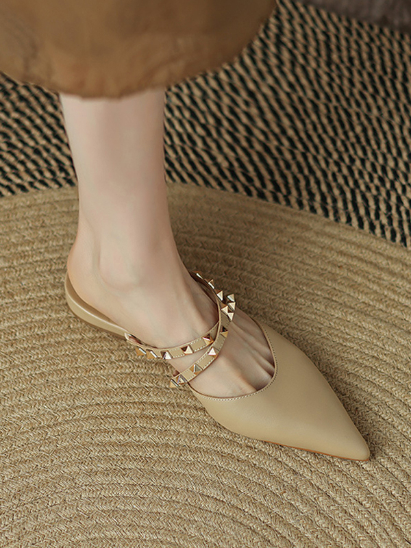 New Style Closed-Toe Half-Slippers for Women, Summer Outdoor Wear, French Style, Large Size, Flat-Soled, Pointed-Toe, Studded, Shallow Strap Sandals