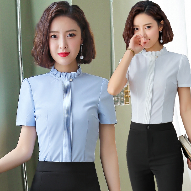 Lace Stand-Up Collar Short-Sleeved White Shirt Women's Business Attire Women's Formal Wear Summer Elegant Blue Shirt Workwear Work Clothes