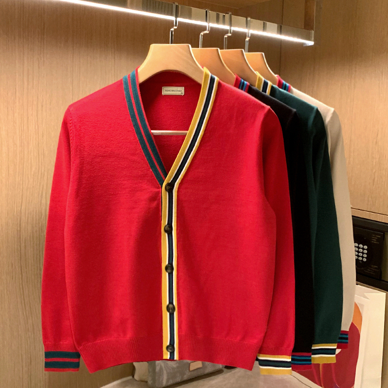 College Style Men's Color-Blocked Sweater Jacket Men's Spring and Autumn New High-End Red Casual Cardigan Knitwear Men