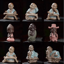 Colored sand pottery tea Pet small three not small monk ornaments Purple Sand small Shamu Brother kiln Tea Play God of wealth Small tea ceremony Tea set