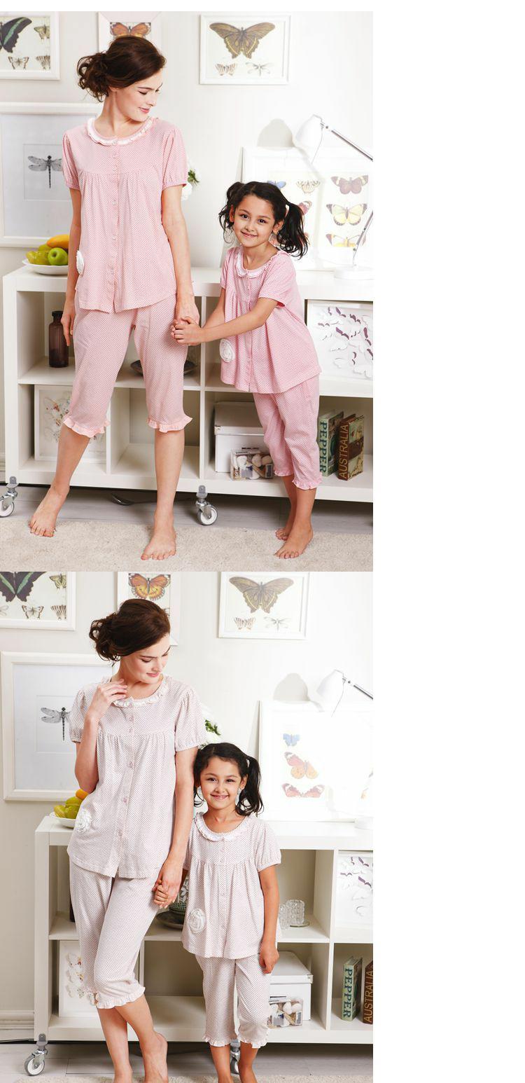 Bộ đồ ngủ mùa hè Fenteng phụ huynh-trẻ em phụ nữ đan bông chấm nhà phục vụ phù hợp với mẹ 130735 con 130740 đồ ngủ cho cả gia đình