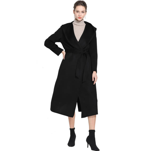 Sanlian 22022 new high-end extra long over-the-knee cashmere coat for women double-sided woolen hooded mid-length loose coat