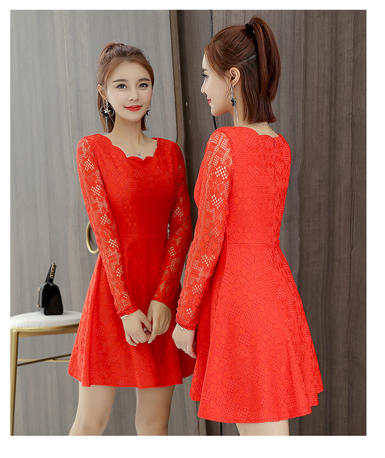 Đầm ren nữ 2018 mùa thu và mùa đông mới ngắn nhỏ tươi dài Hàn Quốc phiên bản của một từ váy siêu cổ tích cao eo đầm suông