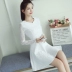 Xuân-Hè 2018 mới của phụ nữ phiên bản Hàn Quốc của đầm ren mỏng tay dài váy đáy váy Váy trắng thon mẫu váy khoét eo	 Váy eo cao