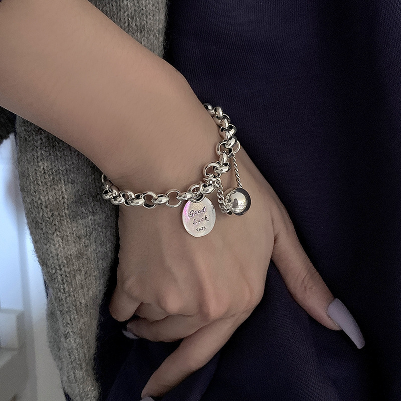 2021 Good Luck Girl Retro Korean Style Goodluck Sterling Silver Bracelet ins Women's Round Ball Hip-Hop Minimalist Style Disco