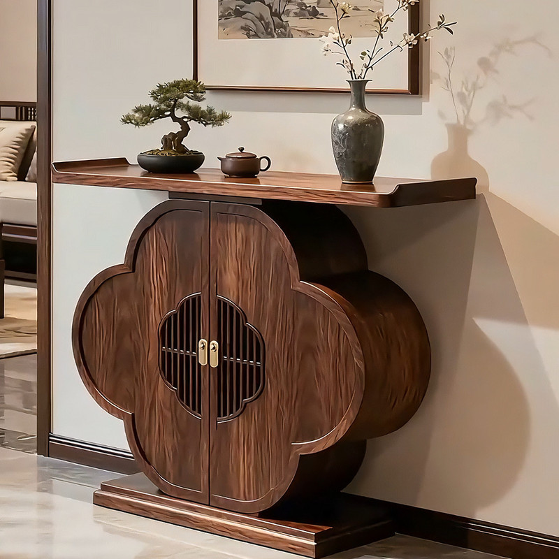 New Chinese-Style North American Black Walnut Petal-Shaped Entryway Cabinet with a Raised Top, Solid Wood Storage and Organizer Foyer Cabinet