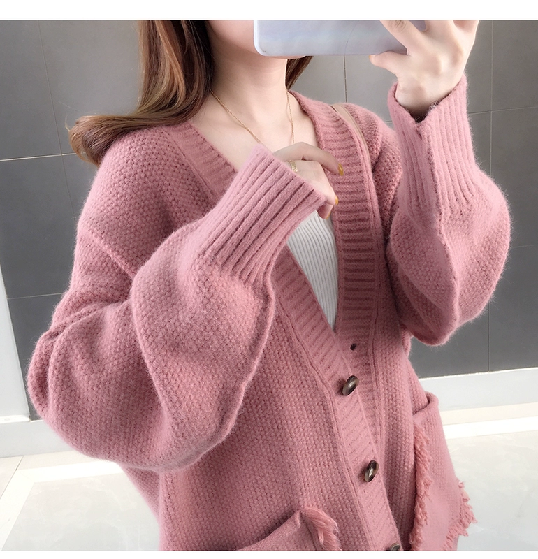 Áo len mùa thu 2019 mới áo len nữ dày cổ chữ V tay dài buông lơi màu rắn hàn quốc - Đan Cardigan