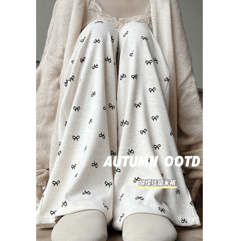 Bow-Knot Glutinous Rice Pants Wide-Leg Pants for Women Autumn and Winter Printed High-Waisted Casual Pants Loose Slimming Drapey Floor-Length Pants Bow-Knot Glutinous Rice Pants Wide-Leg Pants for Women Autumn and Winter Printed High-Waisted Casual Pants Loose Slimming Drapey Floor-Length Pants