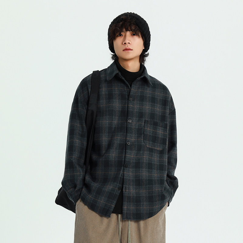 PasedlZHCP 日系vintage复古毛呢格子衬衫男宽松厚款磨毛衬衣外套