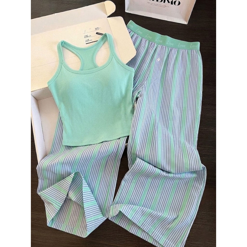 Miss Bunny Dopamine Green Suspender Pajamas for Women 2026 New Summer Loose Striped Long Pants Home Set Miss Bunny Dopamine Green Suspender Pajamas for Women 2026 New Summer Loose Striped Long Pants Home Set