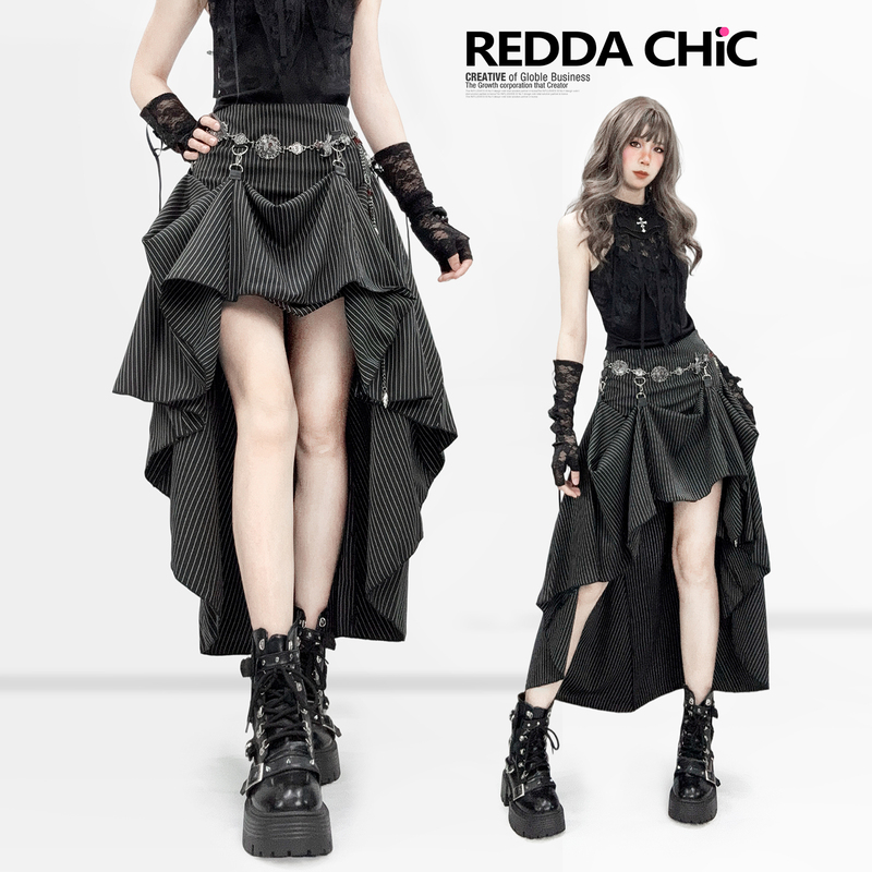 Reddachic Subculture Dark Gothic Striped Skirt A-Line Mid-Length Asymmetrical Black Yabi Long Skirt