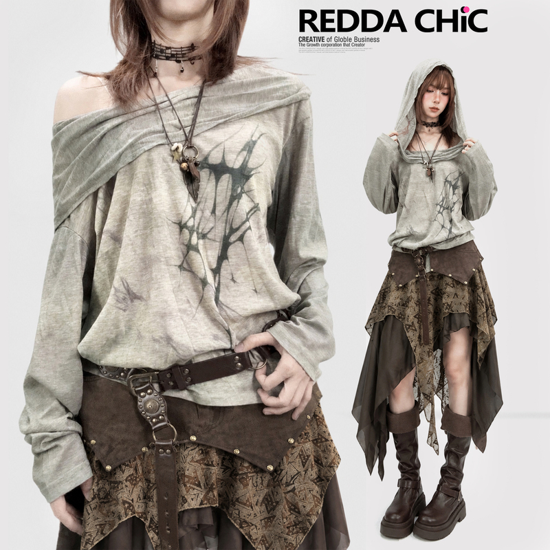 Hooded Long-Sleeve T-Shirt with a Vintage Print, Loose Fit, Thin Material, and a Casual, Lazy Style Hooded Long-Sleeve T-Shirt with a Vintage Print, Loose Fit, Thin Material, and a Casual, Lazy Style