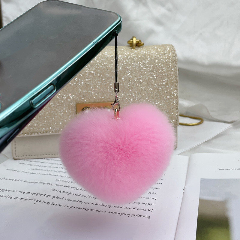 Rabbit fur heart-shaped keychain, peach heart-shaped phone charm, plush pom-pom bag ornament, cute pendant, holiday gift.