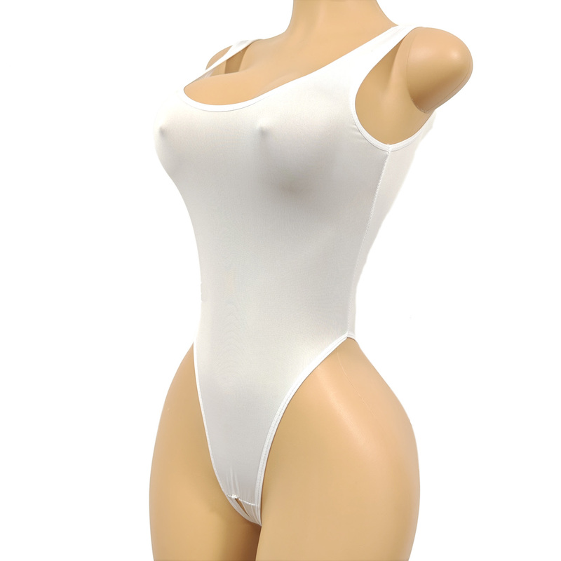 White Crotchless Tank Top, Pure Desire One-Piece Bodysuit for Women, High-Cut Tight-Fitting Semi-Transparent Swimsuit, Black Slimming Convenient Bottoms
