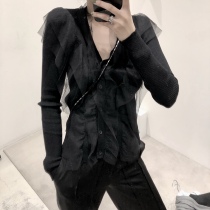 IAMCPLUS dark black lazy wind mesh stitching sweater cardigan outer wear sweater jacket womens autumn