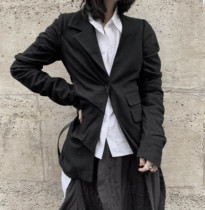 IAMCPLUS Sonny asymmetrical pleated sleeves design sense goddess black wool short coat womens autumn and winter