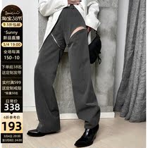 IAMCPLUS sanie grey metal zipped open design Rulegs Western clothing Pants Women Loose Casual Straight Barrel Broadlegged Pants