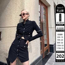 IAMCPLUS Sunny Black Stand Collar Slim Short Coat Women Joker Irregular Hip Skirt Set