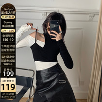 IAMCPLUS European and American street deconstructs black and white collider with two high collars to beat bottom-knitted sweatshirt female autumn and winter