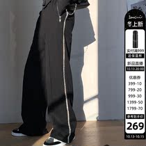 IAMCPLUS Sunny Black Splice Loose Straight Wide Pants Women Joker High Waist Pluming Dragging Pants