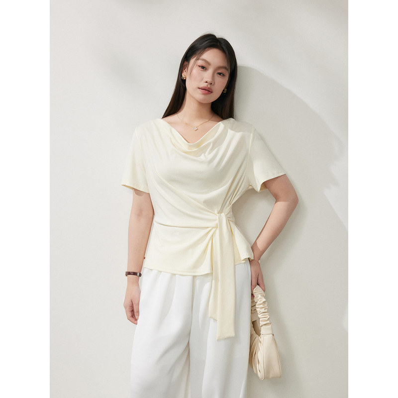 Meet Promuse Plus-Size Women's Short-Sleeve T-Shirt for Summer with a Draped Collar, Asymmetrical Shoulder, Tie-Up, and Twist Design