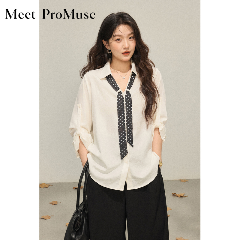 Pomu Plus-Size Women's White Long-Sleeved Shirt, Autumn Style for Slightly Chubby Girls, Polka Dot Tie, Elegant and Loose-Fitting Top for Commuting