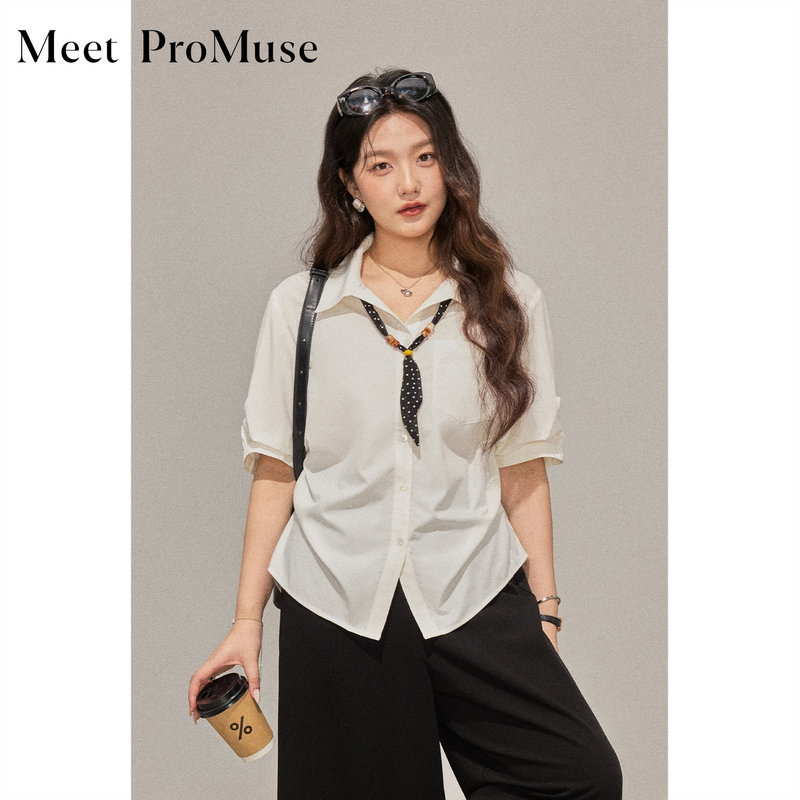 Pomu Plus Size Women's Clothing White Half-Sleeve Shirt for Women Autumn High-End Casual Commuting Loose Slimming Top
