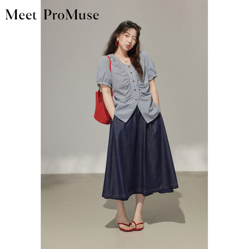 Plus-Size Women's Clothing, Slightly Chubby, Tummy-Covering, Slimming, Puff-Sleeve, V-Neck, Short-Sleeve Blouse, Women's Summer Design Shirt