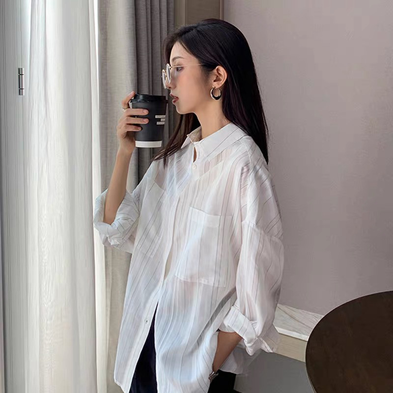 Japanese white striped shirt female light familiar professional design sense niche long sleeve loose slim lazy shirt
