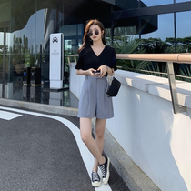 Japanese Suit Five Pants Women's A- shaped Straight Pants Elastic Waist Summer Thin Cool Skinny Grey Wide Leg Shorts
