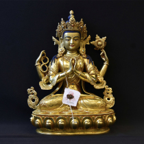 Four-armed Guanyin Buddha statue statue Nepal handmade copper gilt gold Tibetan Buddhism Tantric ornaments 1 foot