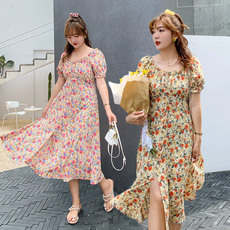 Mùa hè 2020 chị em béo MM plus fat plus size thời trang nữ màu váy phiên bản hàn quốc váy dài qua đầu gối - váy đầm