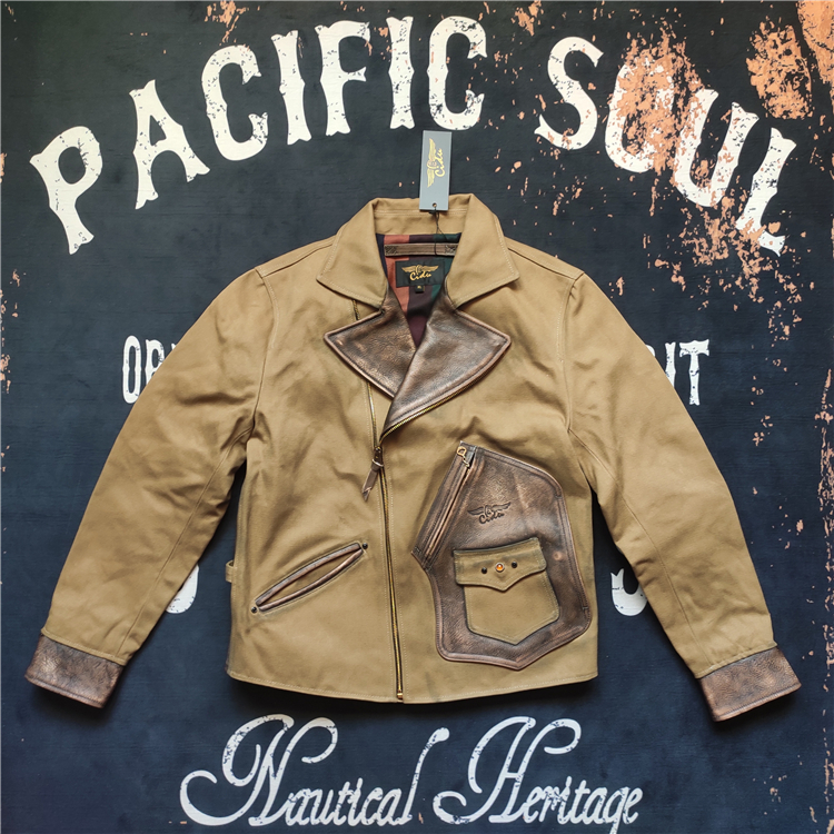 (Stinging) heavy old twill canvas splicing cowhide replica 1930s cable-stayed motorcycle leather jacket