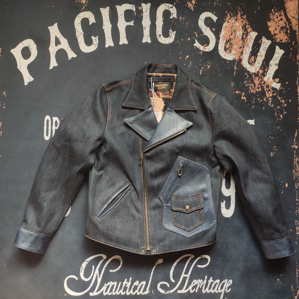 (Thorn) 22OZ primary colour red-ear tannin heavy-pound denim fabric cable-stayed locomotive jacket