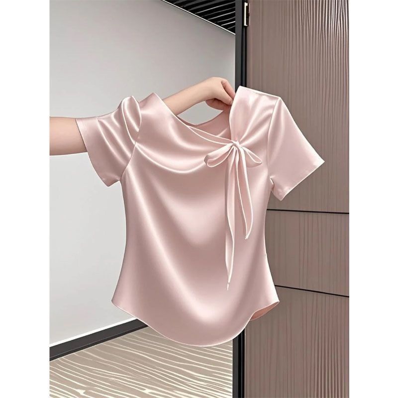 Chinese Style Summer New Bow-Tie Short-Sleeved T-Shirt, High-End Design, Slimming and Versatile, Elegant Plus-Size Top for Women