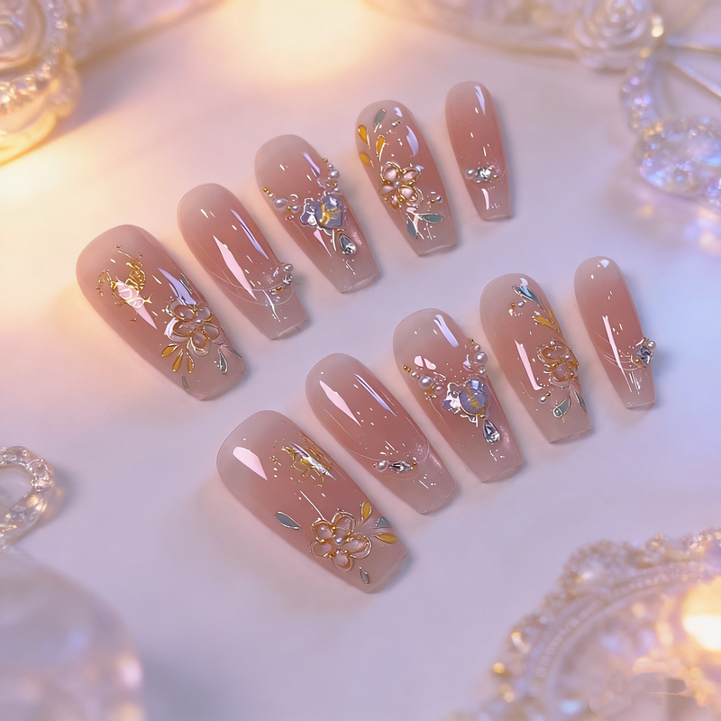 Yuanman【Light Cherry】Filigree Chinese Style Handmade Wearable Nail Art, Long and Short Styles with a High-End Feel