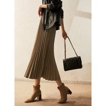 @QZE494742AL] Xiaohan Pavilion gentle and attitude environmentally friendly PU leather bright silk embellishment pleated skirt