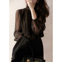 のSYB382707AG] Welfare pure sharing Light luxury small gorgeous gilt printed mulberry silk shirt