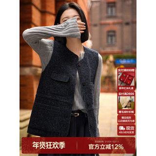 Xiaohan Pavilion [Vintage Filter, Tough Style] Sheep Wool/Rayon Practical Multi-Pocket Round Neck Vest