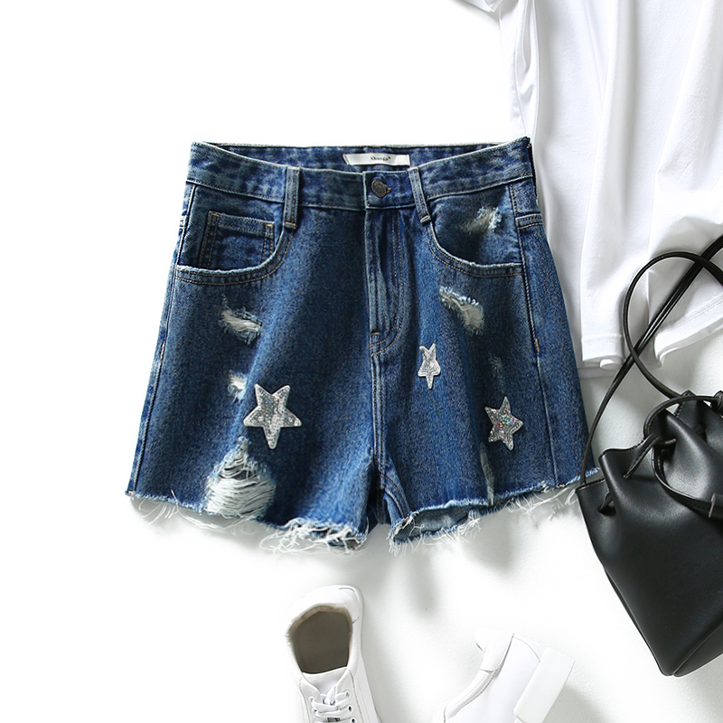 の [KZ193275MG] Cười tay Hange mùa hè! Sequined vá mỏng mèo claw quần sọt denim thời trang nữ đẹp