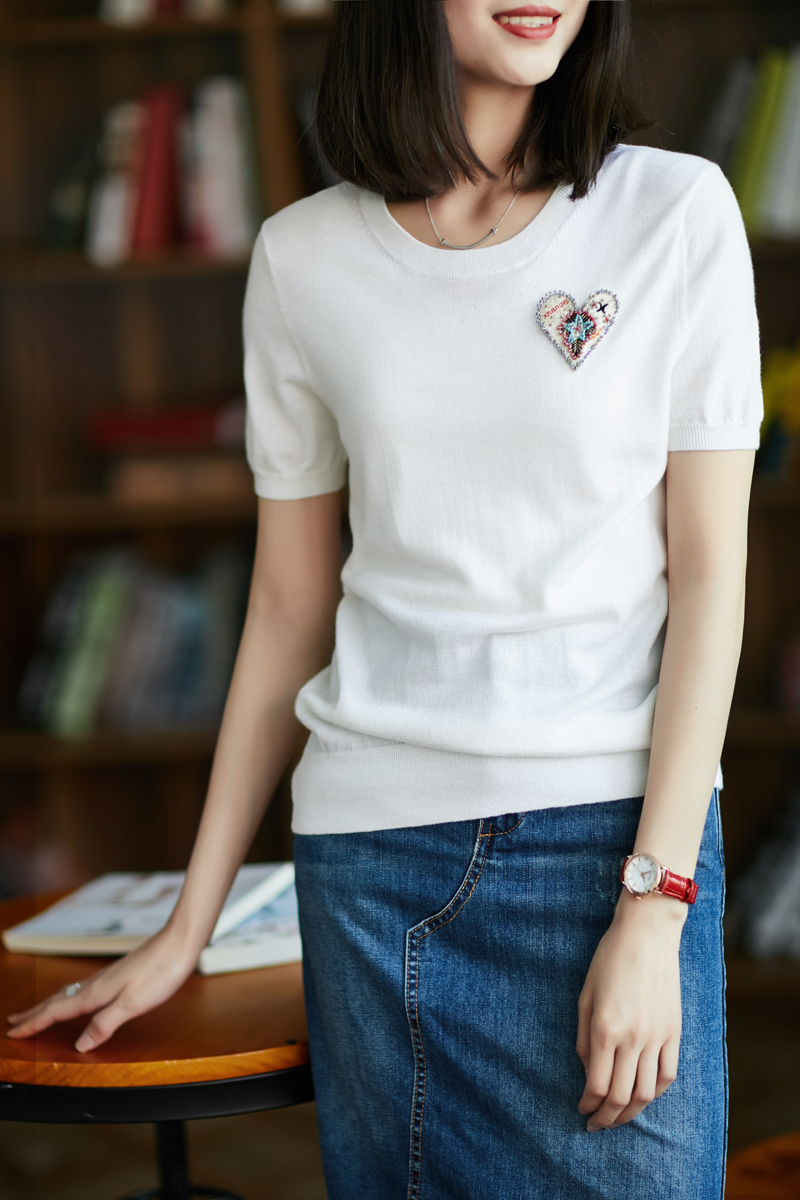 の [ZY158124MG] 爱心 涵 阁 超 萌 爱心 Đính cườm lụa len màu đan áo thun 2018 mùa hè thời trang nữ 2021