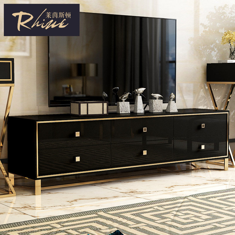 Post-modern light luxury TV cabinet living room simple stainless steel black and white paint floor cabinet neoclassical Hong Kong style furniture
