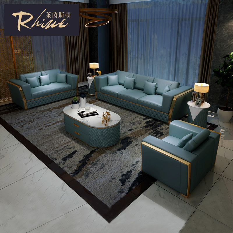 Italian light luxury leather sofa head layer cowhide leather large-sized Hong Kong-style living room post-modern leather sofa blue