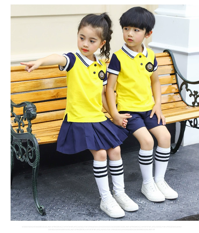 Mẫu giáo tốt nghiệp vườn phù hợp với hợp xướng ngắn tay phù hợp với nước Anh màu vàng trường tiểu học đồng phục phù hợp với trang phục thể thao - Đồng phục trường học / tùy chỉnh thực hiện váy trẻ em đẹp