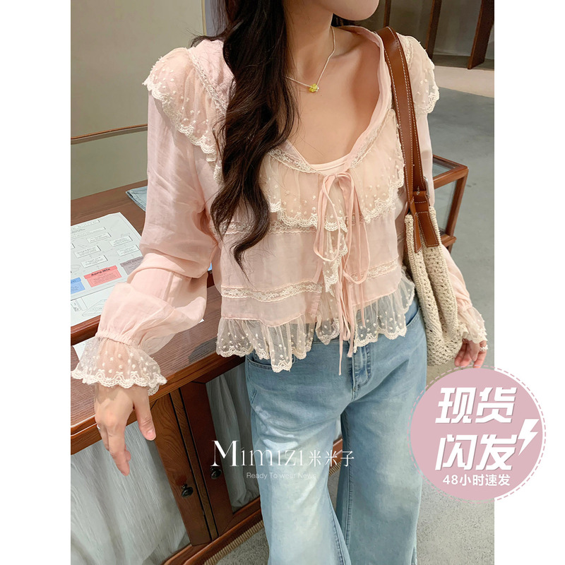 Mimi's Slightly Plus-Size Elegant and Stylish Unique Pink Lace Chiffon Top for Summer Mimi's Slightly Plus-Size Elegant and Stylish Unique Pink Lace Chiffon Top for Summer